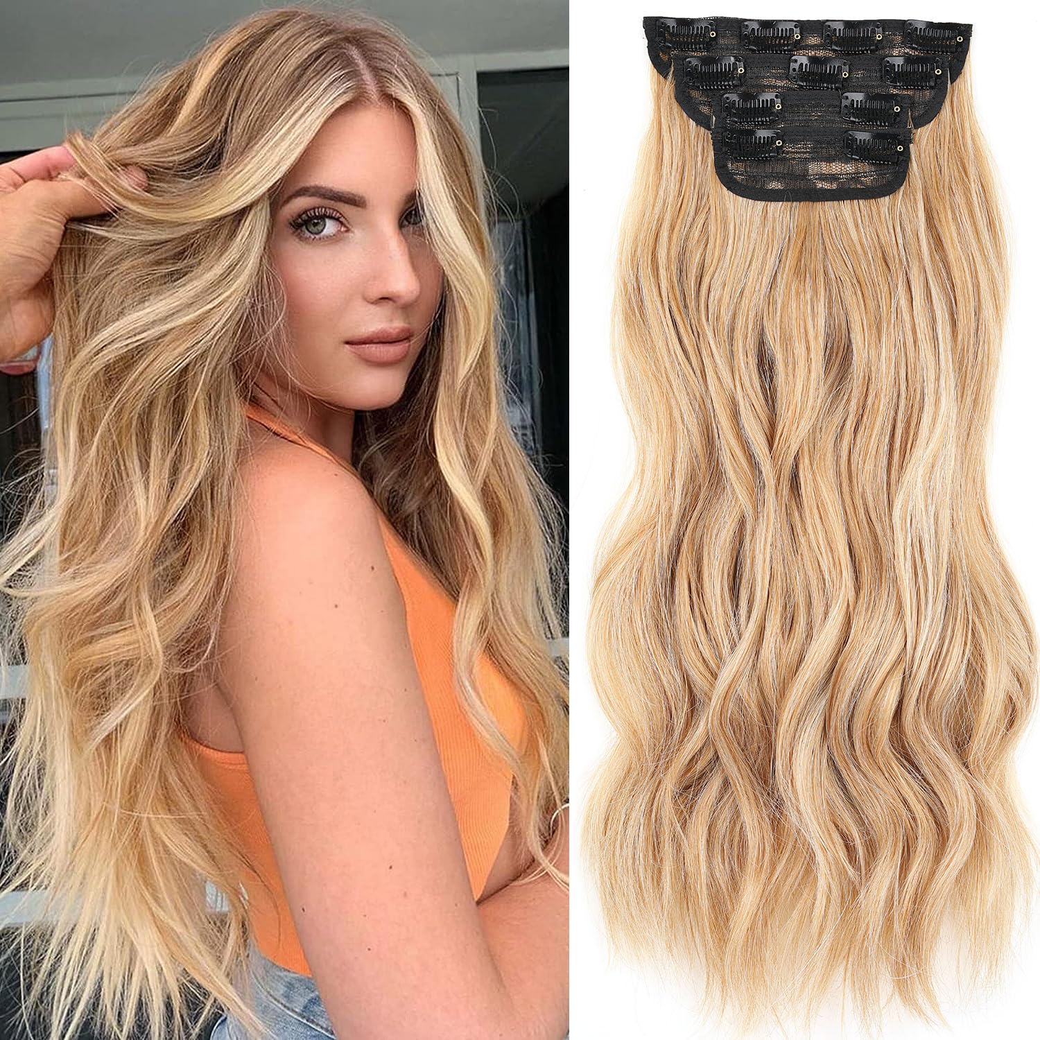 Mscat 20 Inch Curly Hair Extensions Clip in Hair Extensions Synthetic Thick Hair pieces for Women 4PCS Full Head Set Thick Long Curly Wavy Synthetic Hair Extensions(Gloden Blonde) — image 1