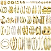 41Pairs Gold Hoop Earring Sets for Women, Fashion Chunky Pearl Earrings Multipack Twisted Statement Earring Pack Small Pearl Earrings for Gift 