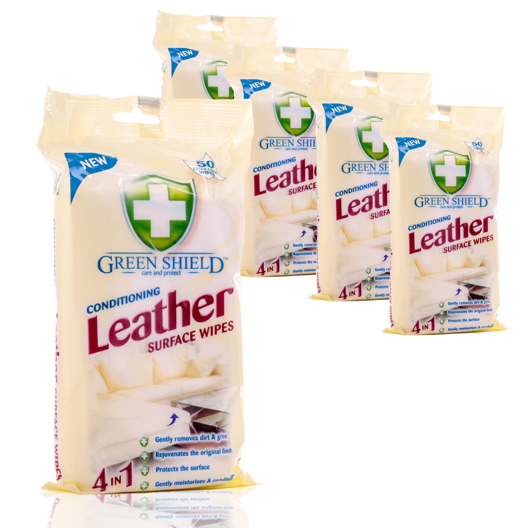 5 Packs of 50 Conditioning Leather Surface Wipes | Green Shield 4 in 1
