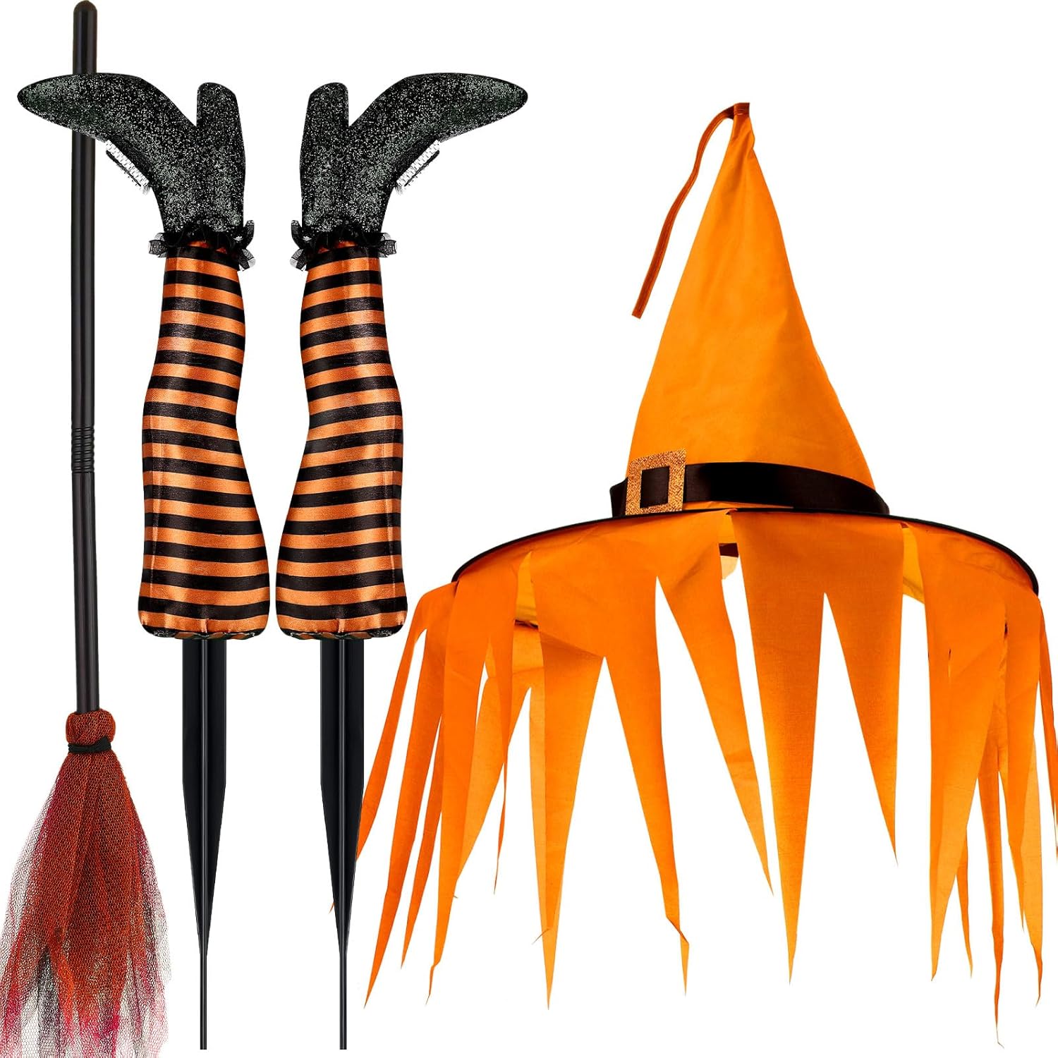 Decorative Garden Stakes - Vicenpal 4 Pcs Halloween Upside Down Witch Legs Yard Stake Set Witch Legs Decorations Wicked with Broomstick and Witch Hat for Outdoor Home Patio Yard Lawn Haunted Decorations (Orange)