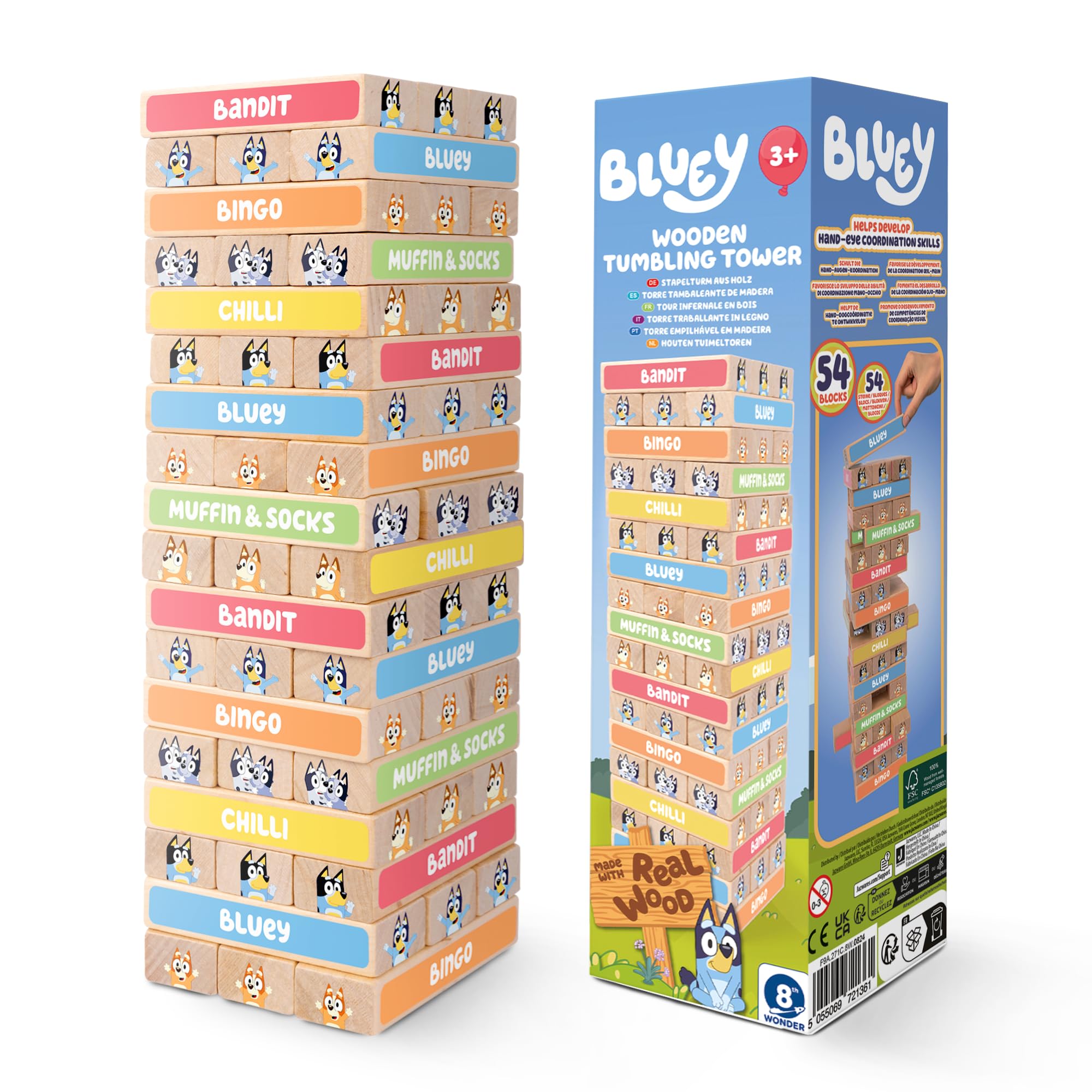 Bluey 8th Wonder Stackable Tumbling Tower Game, Robust Wooden Stacking ...