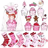 Foaincore 6 Pairs Pink Christmas Cupcake Socks for Women, DIY Christmas Socks Gifts with Cupcake Packaging, Xmas Pink Gifts with Greeting Card for Women Girls Mother