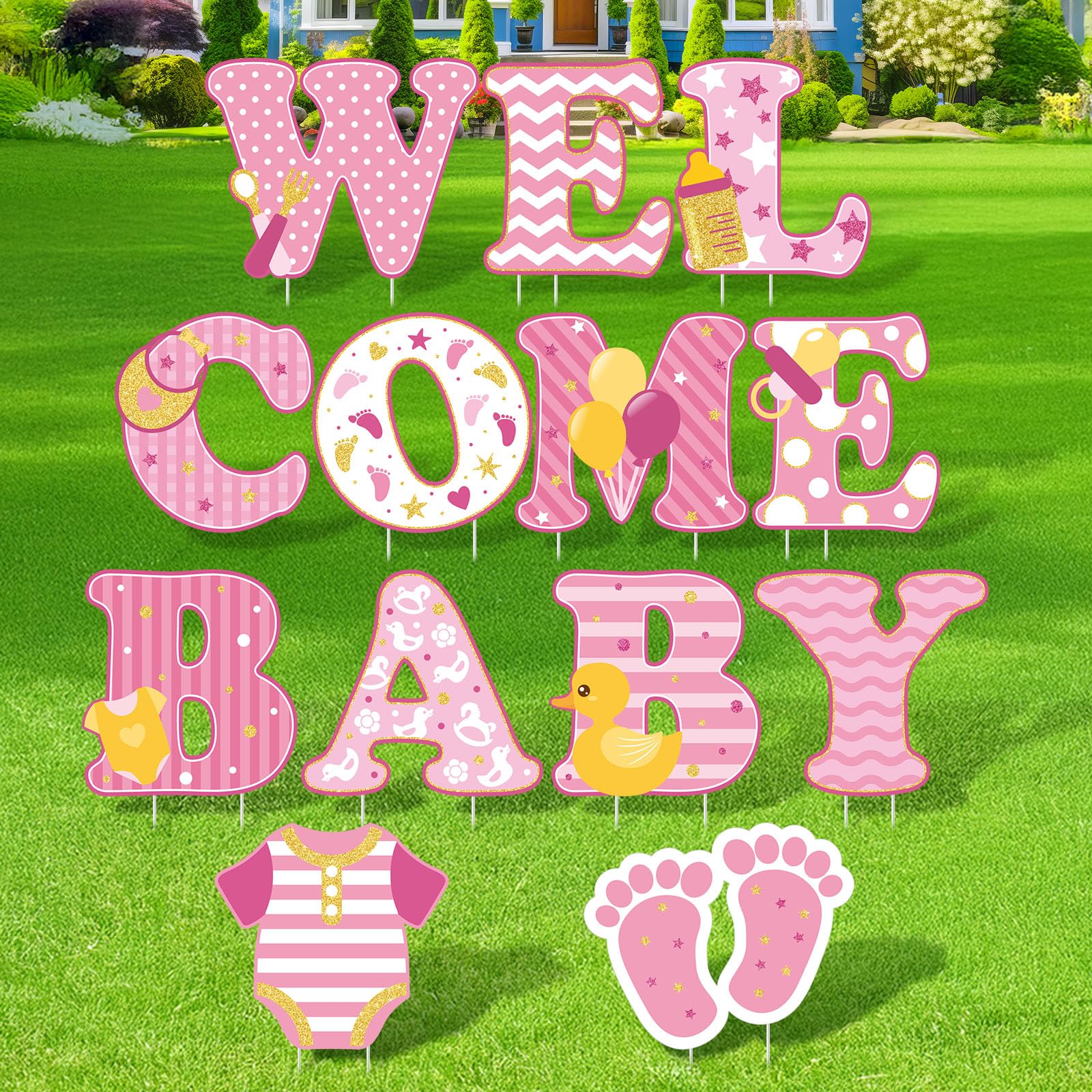 Photo 1 of 13 Pcs Baby Shower Yard Sign 'welcome Baby' Yard Signs with Stakes, 15 Inch Tall Girl boy Lawn Sign Gender Reveal Outdoor Decoration Welcome Home Newborn Announcement for Party Decorations(Pink)