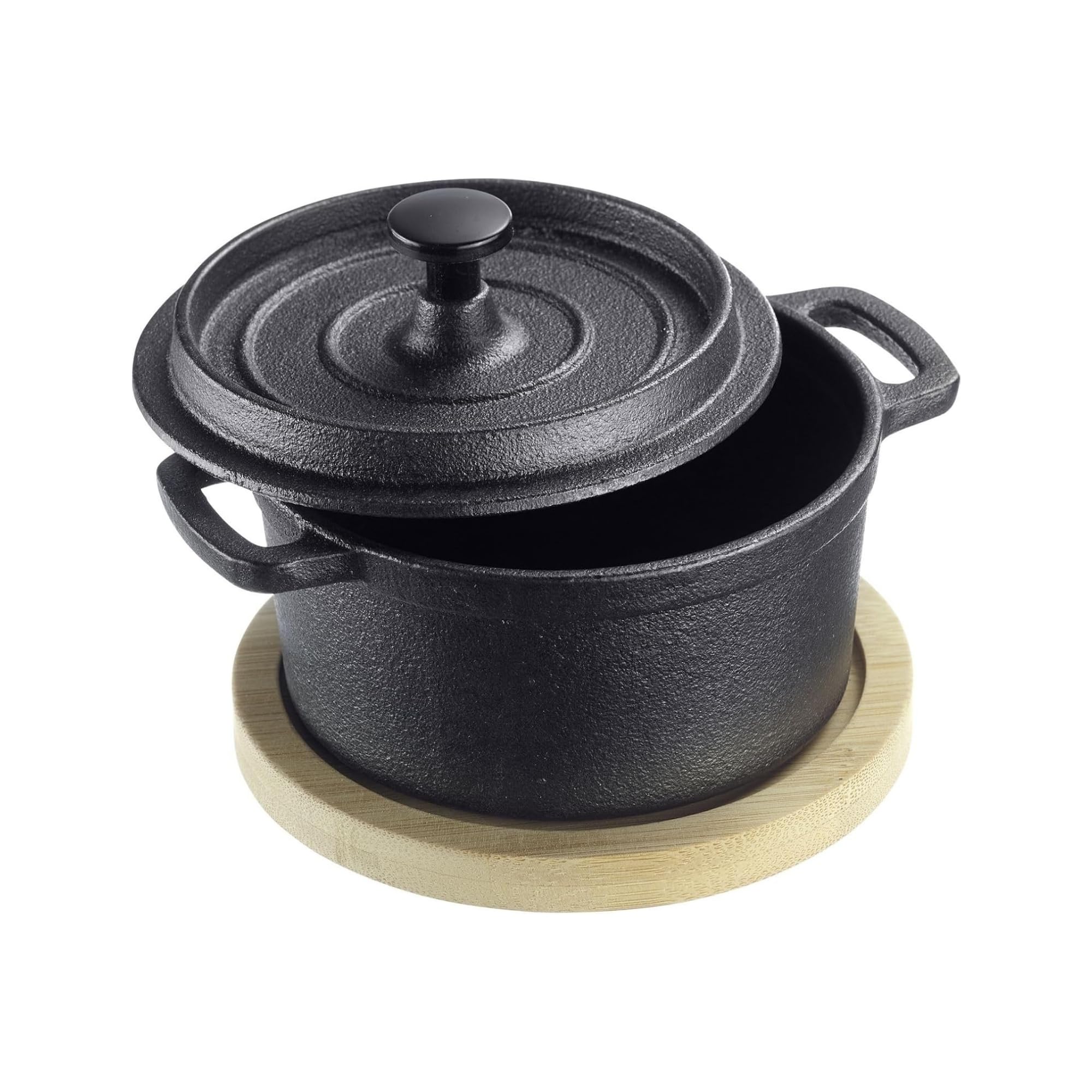 Westmark Gusseiserner Topf Tapas + Friends – kleiner Gusseisentopf mit Deckel, für alle Herdarten geeignet, auch Induktion und Grill, inkl. Bambus-Untersetzer – Eisen, 250 ml
