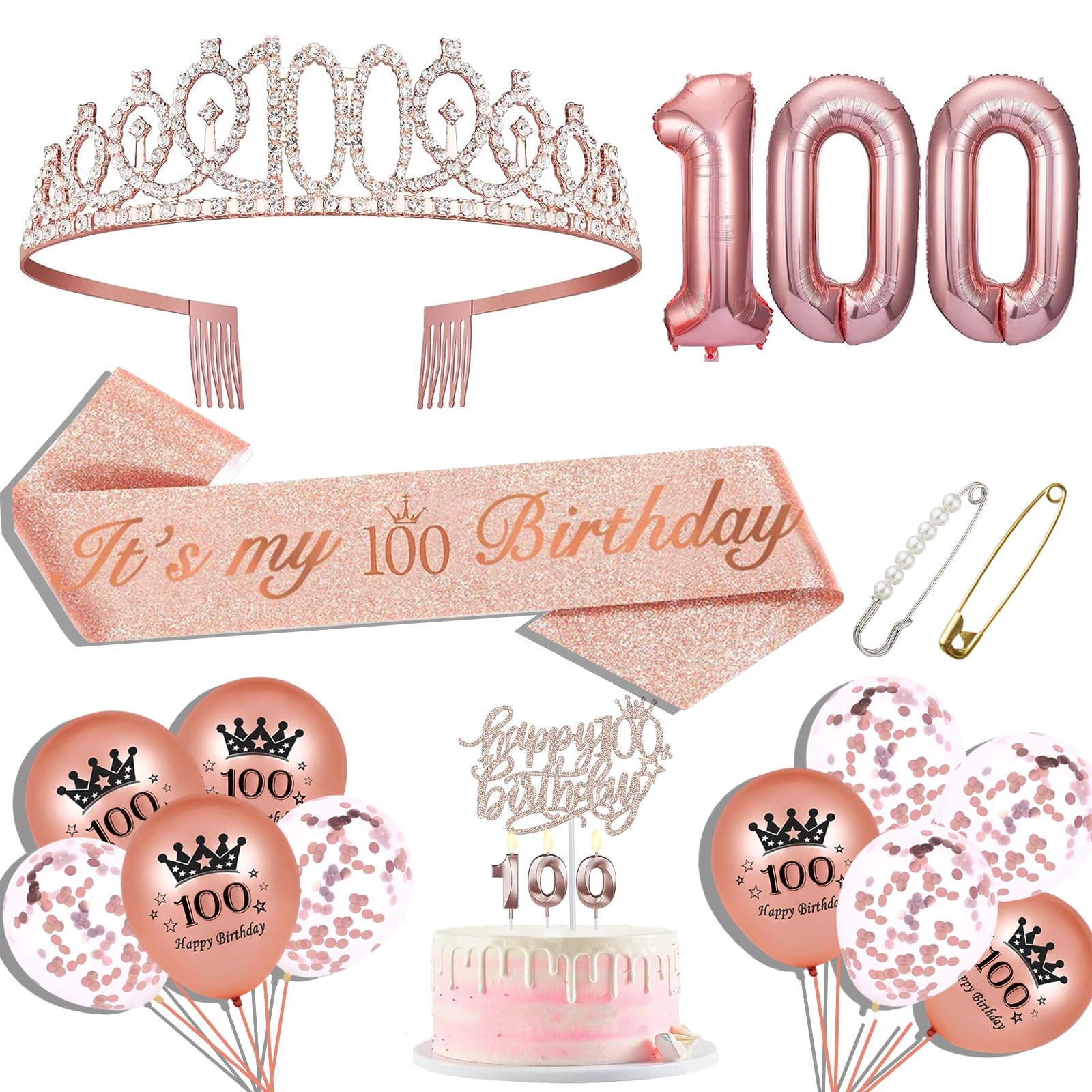 Photo 1 of 100th Birthday Sash and Tiara for Women, 100th Birthday Sash, 100th Birthday Crown, 100th Birthday Cake Topper, Balloons, Pin and Candle Set, Rose Gold