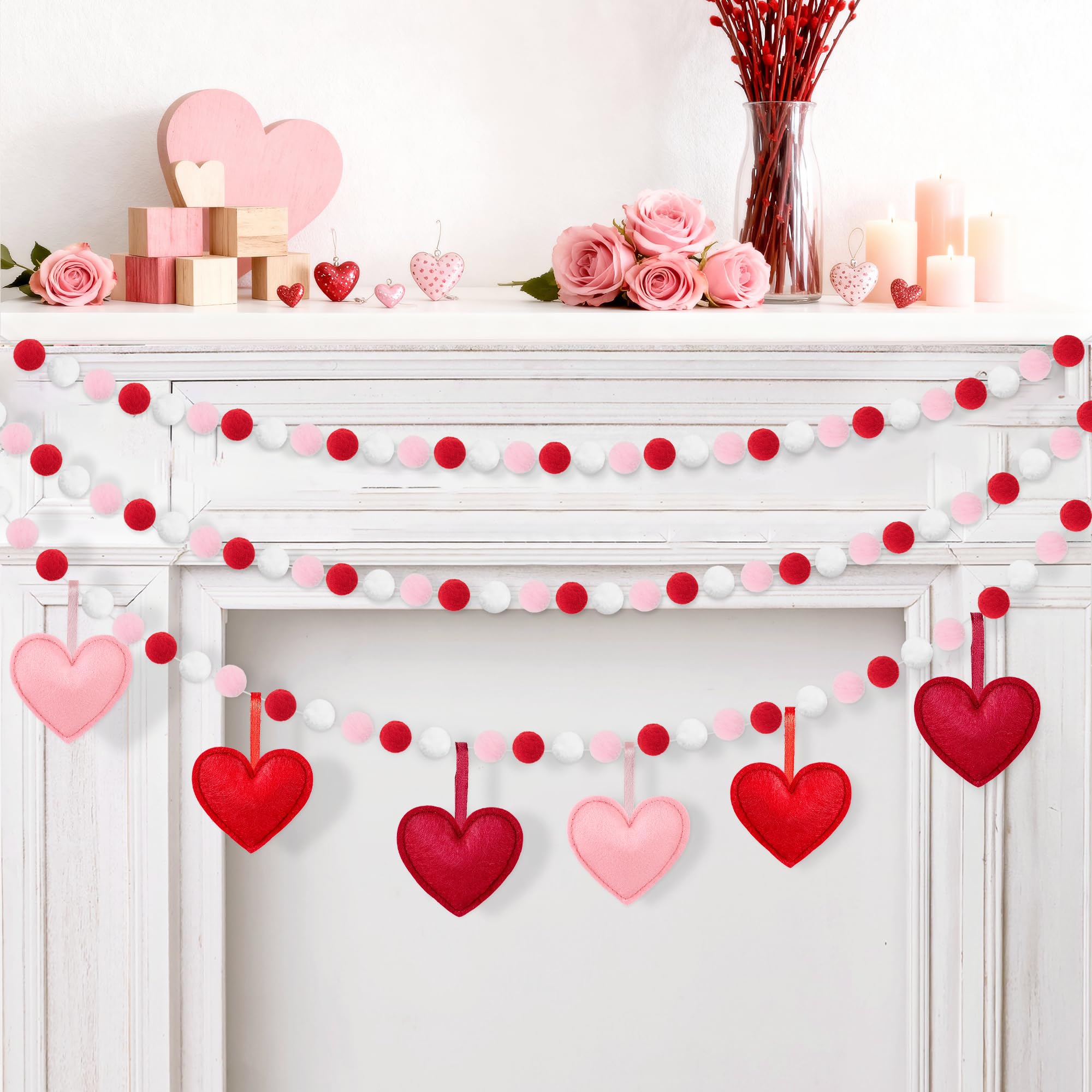 Photo 1 of 3Pcs Valentines Day Decorations Heart Felt Banner, 9.8FT Red Pink Heart Pom Ball Garland, 3D Felt Red Heart Hanging Ornaments for Valentine's Day,Wedding Party Decoration