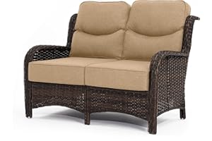HILLGA Luxury Outdoor Furniture High Back Patio Sofa, Oversized Loveseat with 6'' Thick Cushions, Ideal for Porch, Poolside, Deck, and Yard (Beige)