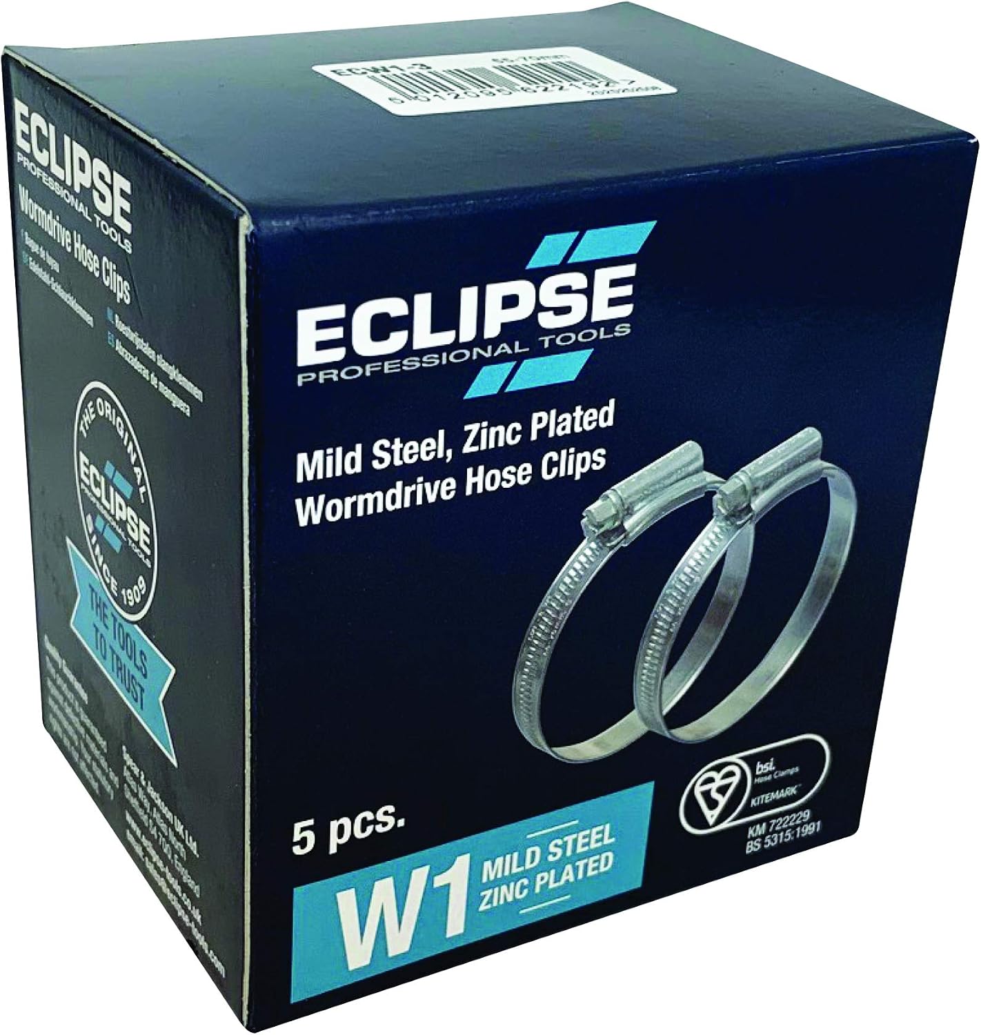 Eclipse Professional Tools ECW1-3 W1 Box of 5 55-70mm (2 ⅛" - 2 ¾") Mild Steel Worm Gear Hose Clamps, Silver, 45-60mm (1 ¾" - 2 ⅜")