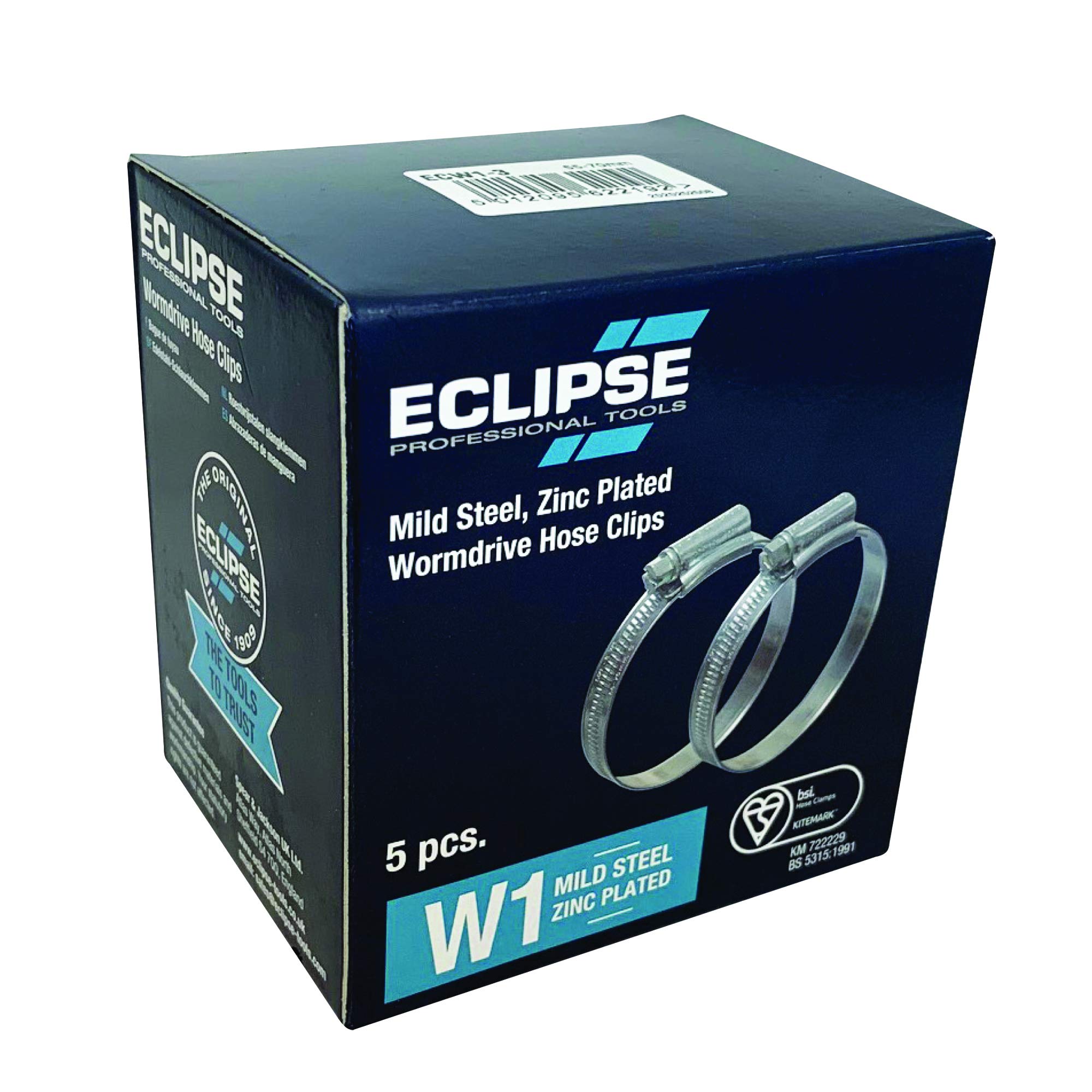 Eclipse Professional Tools ECW1-4 W1 Box of 5 70-90mm (2 ¾" - 3 ½") Mild Steel Worm Gear Hose Clamps