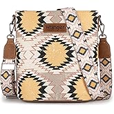 Wrangler Aztec Crossbody Bags for Women Southwestern Print Canvas Shoulder Purse with Distressed Look and Adjustable Strap