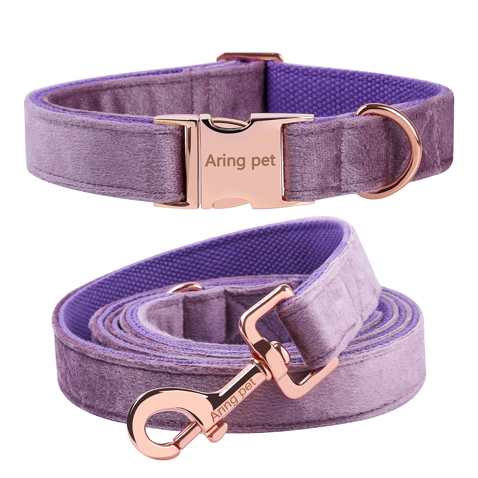 ARING PET Dog Collar and Lead Set, Light Purple Velvet Dog Collar and Leash with Metal Buckle, Comfortable and Adjustable Pet Collar Set for Boys&Girls Dogs, Small