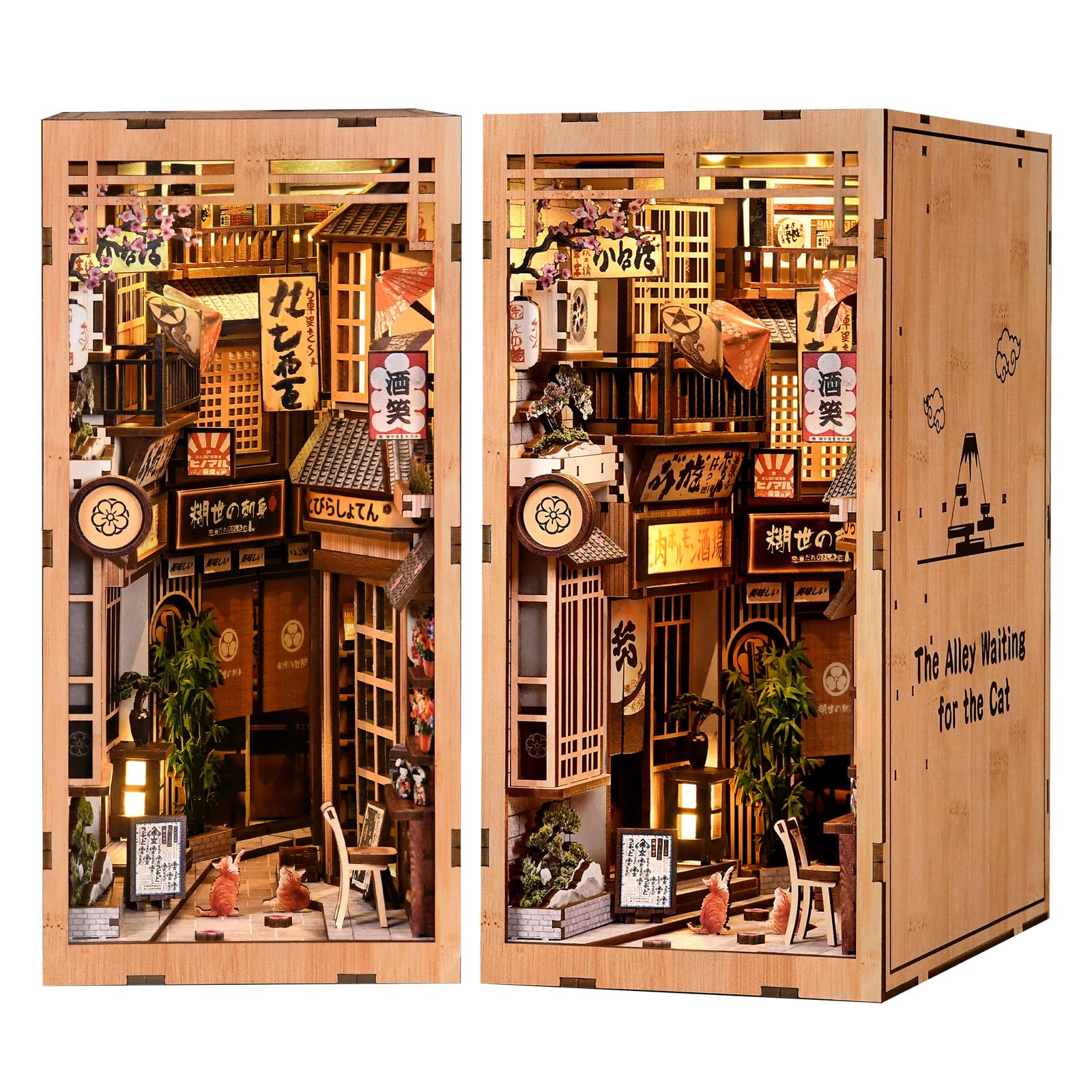 CRIOLPO Book Nook Kits for Adults - DIY Miniature Bookshelf Insert with LED Lights, Creative Craft Book Nook Kits for Adults, Cat Waiting Alley Japanese bookends Gifts for Family Friends Lovers