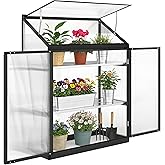 Outsunny Polycarbonate Greenhouse, Patented Quick Assembly, with Roof Vent, Lockable Door and 2-Tier Shelves, Plant Gardening
