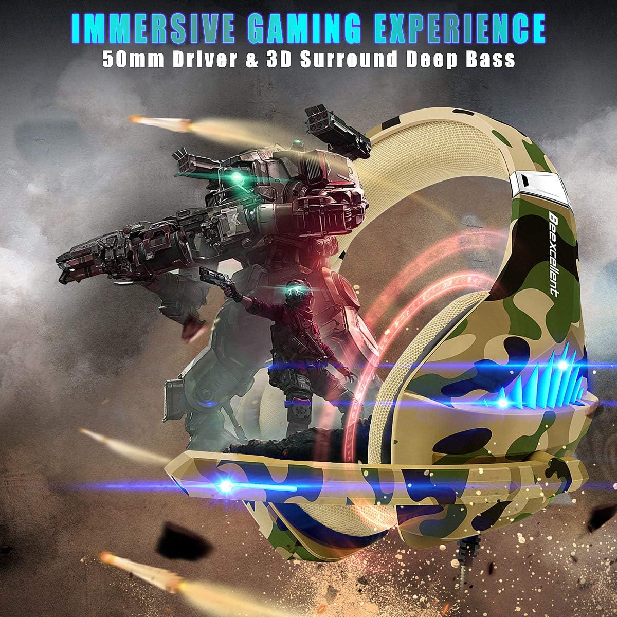 Gaming Headset for PS4 Xbox One PC, Beexcellent Deep Bass PS4 Headset with Noise Immunity Mic, LED Light, Friction-Reduction Cable, High Comfort Earmuff-Camo: Electronics
