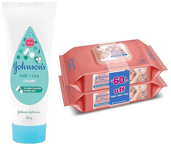 Johnsons Baby Milk and Rice Baby Cream 100G & Baby Wipes, Pack of 2 (160 Wet Wipes) Combo