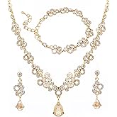 Oriamour Bridal Jewelry Set, Crystal Rhinestone Necklace Bracelet Earrings, Silver