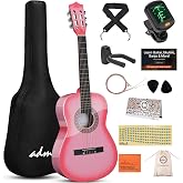 ADM Beginner Acoustic Classical Guitar 36 Inch Nylon Strings Wooden Guitar Bundle Kit for Kid Boy Girl Student Youth Guitarra Online Lessons with Gig Bag, Strap, Tuner, Strings, Picks, Pink