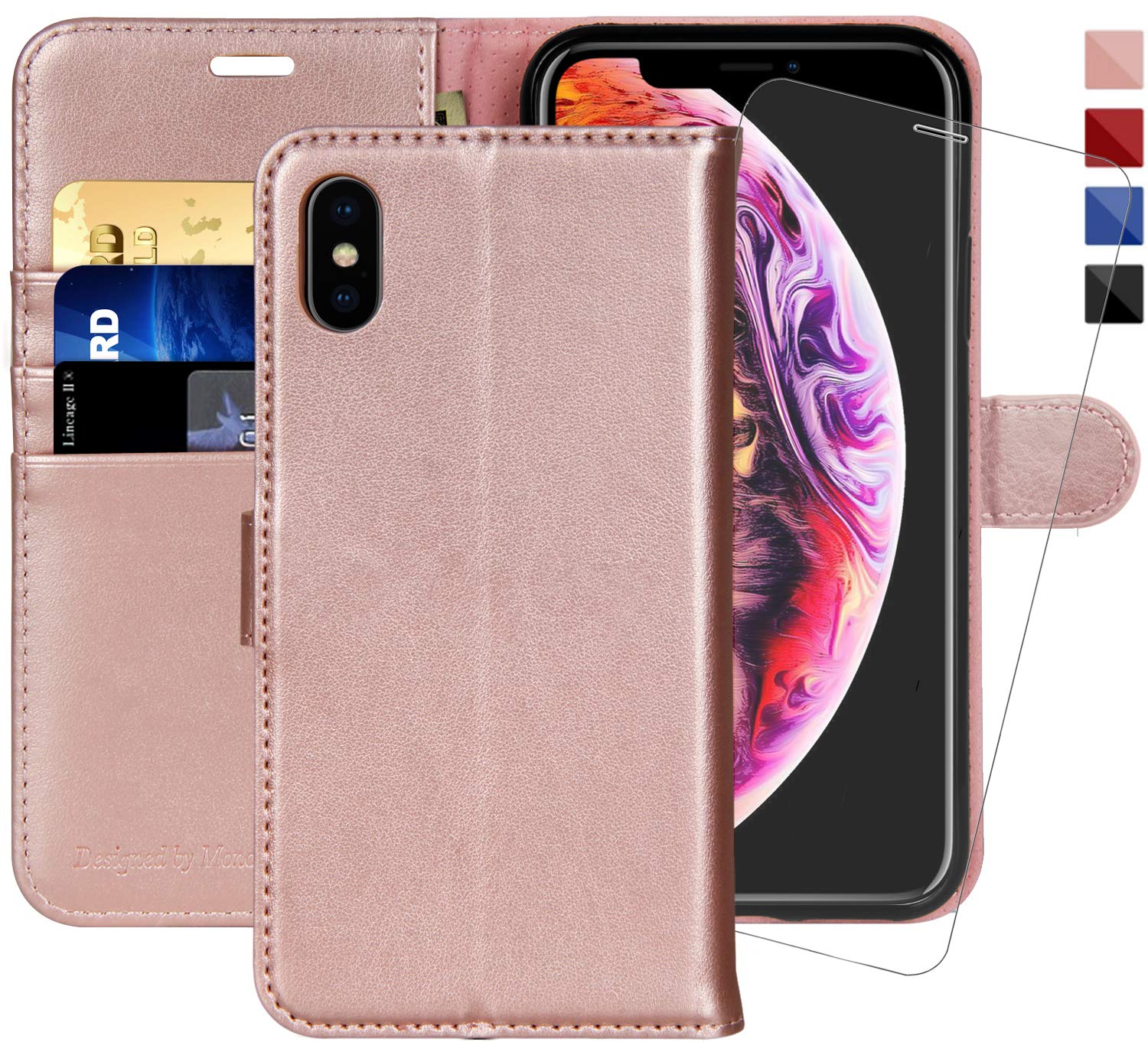 MONASAY iPhone Xs Max Wallet [Glass Screen Protector  Included] Flip Folio Leather Cell Phone Cover with Credit Card Holder for  iPhone XS