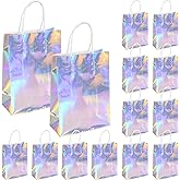 Hitkmi 24 Pcs Holographic Party Favor Bags Bulk, Iridescent Gift Bags, Small Silver Holographic Iridescent Goodie Paper Snack Candy Bags with Handles for Birthday, Baby Shower, Wedding