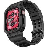 amBand Compatible with Apple Watch Series 9/8/7/SE (3/2/1)/6/5/4/3 Band for Men 45mm 44mm 42mm Case, Rugged Sport Strap for iWatch 45/44 mm Military Protective Cover Bumper Drop-Proof, Matte Black