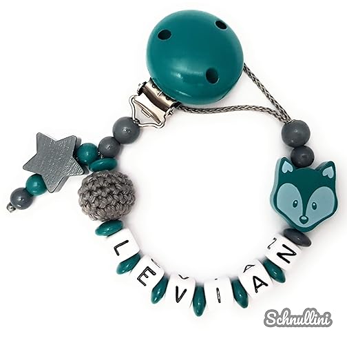 Schnullerkette mit Namen Petrol Fuchs Stern Häkelperle Geburt Taufe Geschenk individuell | Junge Namenskette