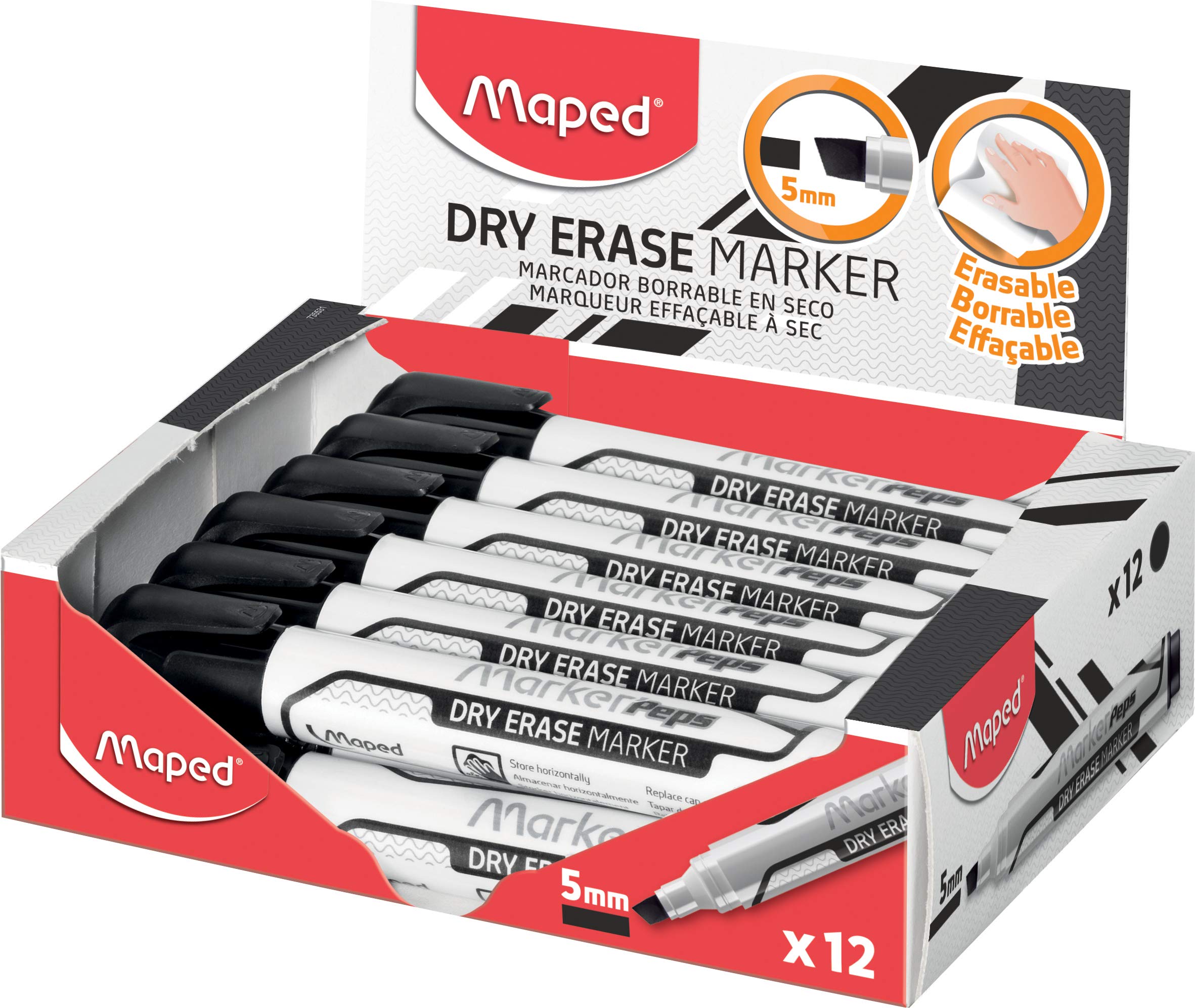 Maped Dry Wipe Marker Pens Black x 12 Chisel Tip 1-5mm Broad Nib - Whiteboards, Slate & Non Porous Surfaces