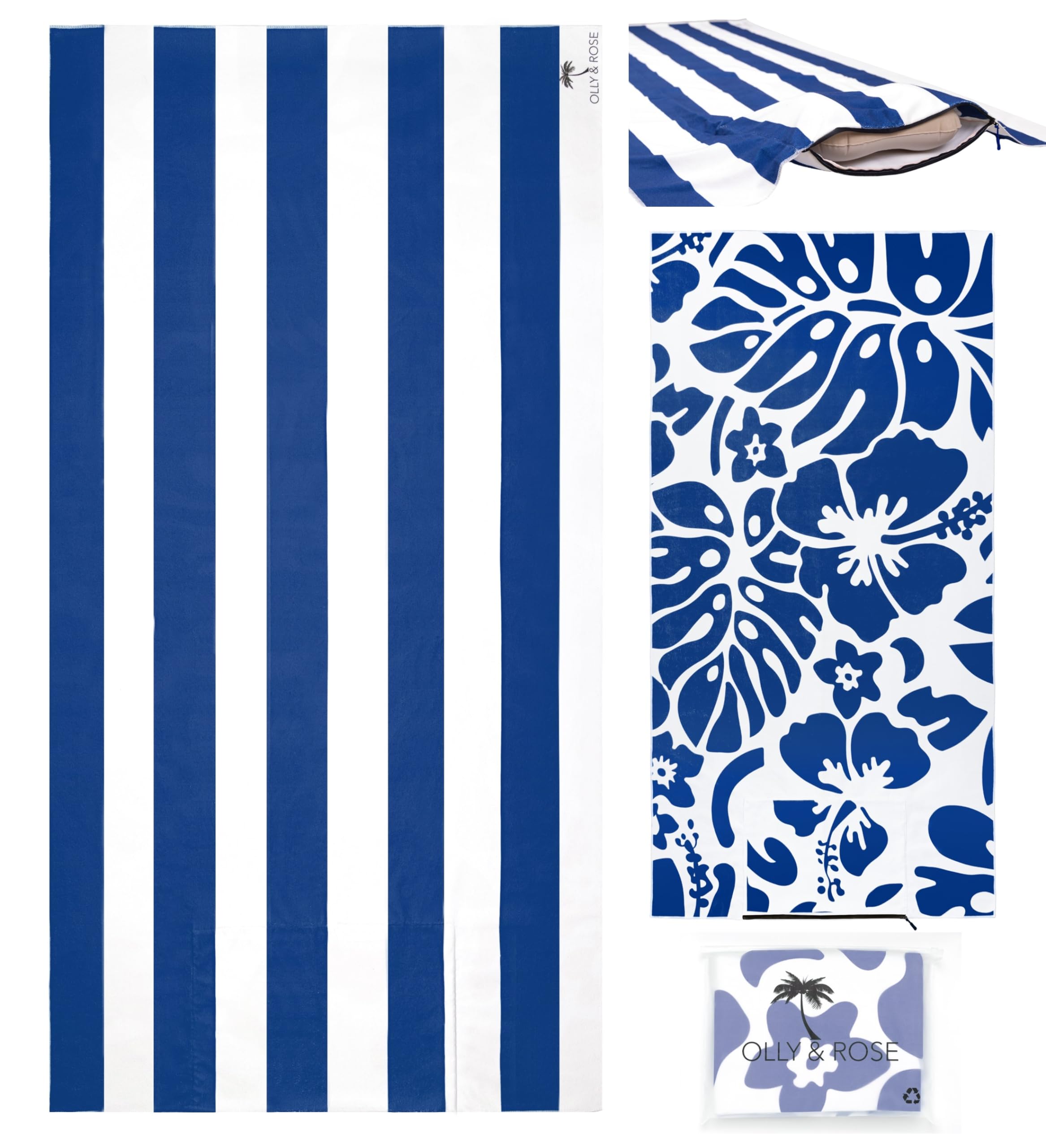 Olly & Rose Luxury Microfibre Extra Large Beach Towel with Zip Pocket and Inflatable Pillow and Reversible Pattern 100 x 200cm Blue - 300GSM Luxury Microfibre Light Weight Travel Towel…