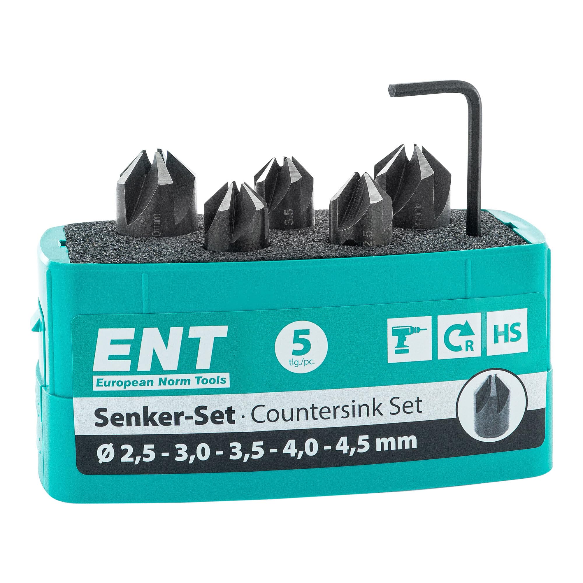 ENT 26518 5-piece Countersink Drill Bit Set HSS, Diameters (d) 2,5-4 and 4,5 mm, E 90°, Right Hand