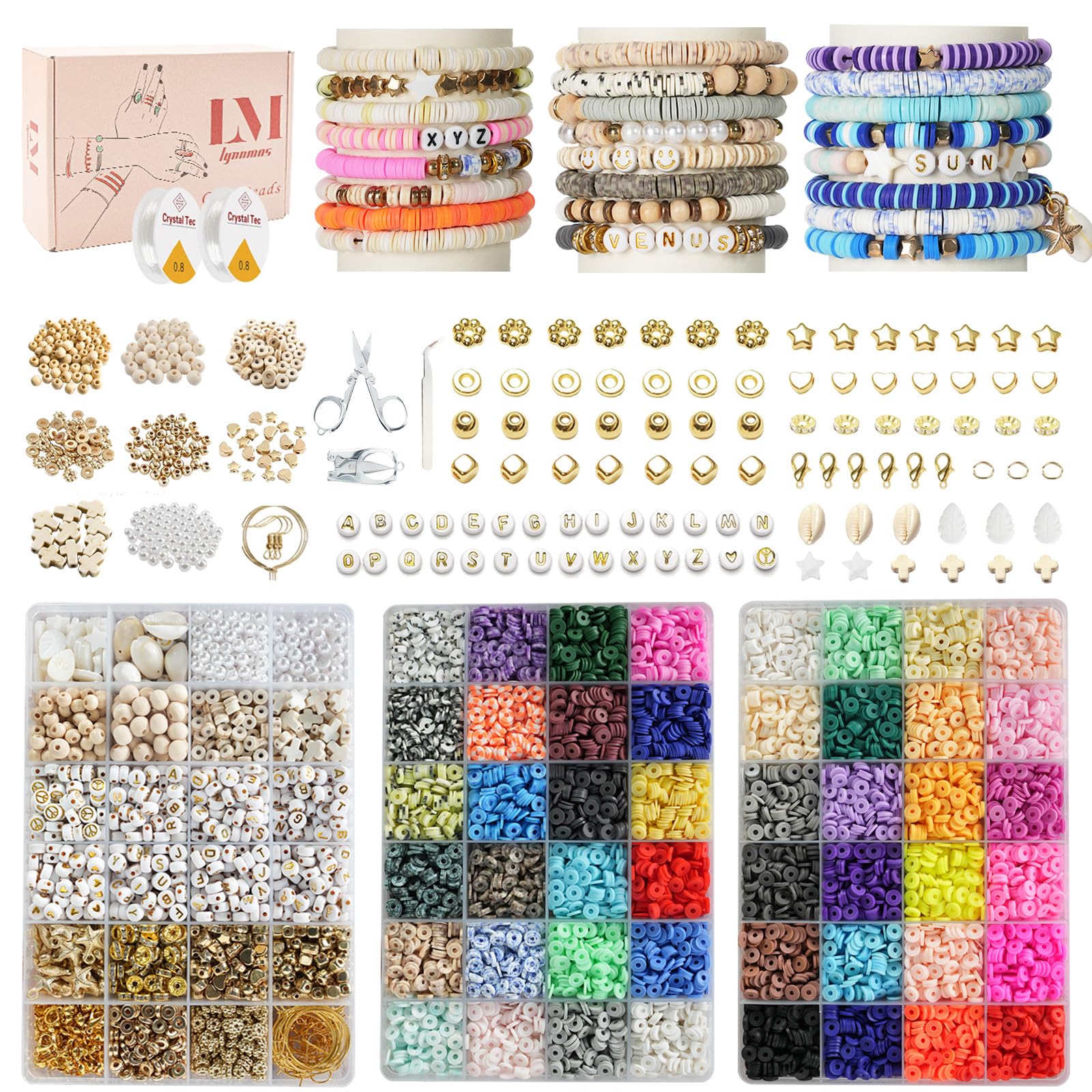 Lynnmos Clay Beads Bracelet Making Kit - 15000 Pcs, 6mm Heishi Disc Beads - DIY Jewelry Making Kit with 2 Boxes, Charms, and Gift Pack for Creative Designs and Crafting Fun