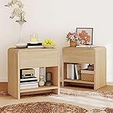 AMERLIFE Modern Night Stand Set 2 with Storage Drawer & Open Shelves, 24" Round Bedside Table Nightstand with Curved Top Corners for Bedroom Living Room Sofa Office, End Table for Small Spaces, Oak