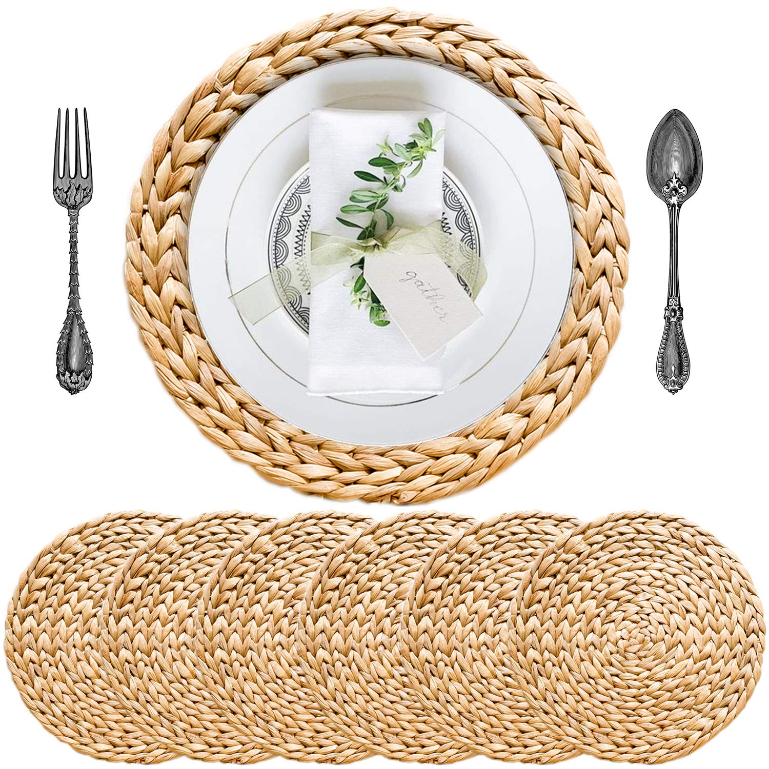 Woven Placemats Set of 6, Table Mats Set of 6, Water Hyacinth Round Placemats for Round Table, Chargers for Dinner Plates, Wicker Chargers for Dinner Plates, Woven Placemat, Place Mats 11.8 in
