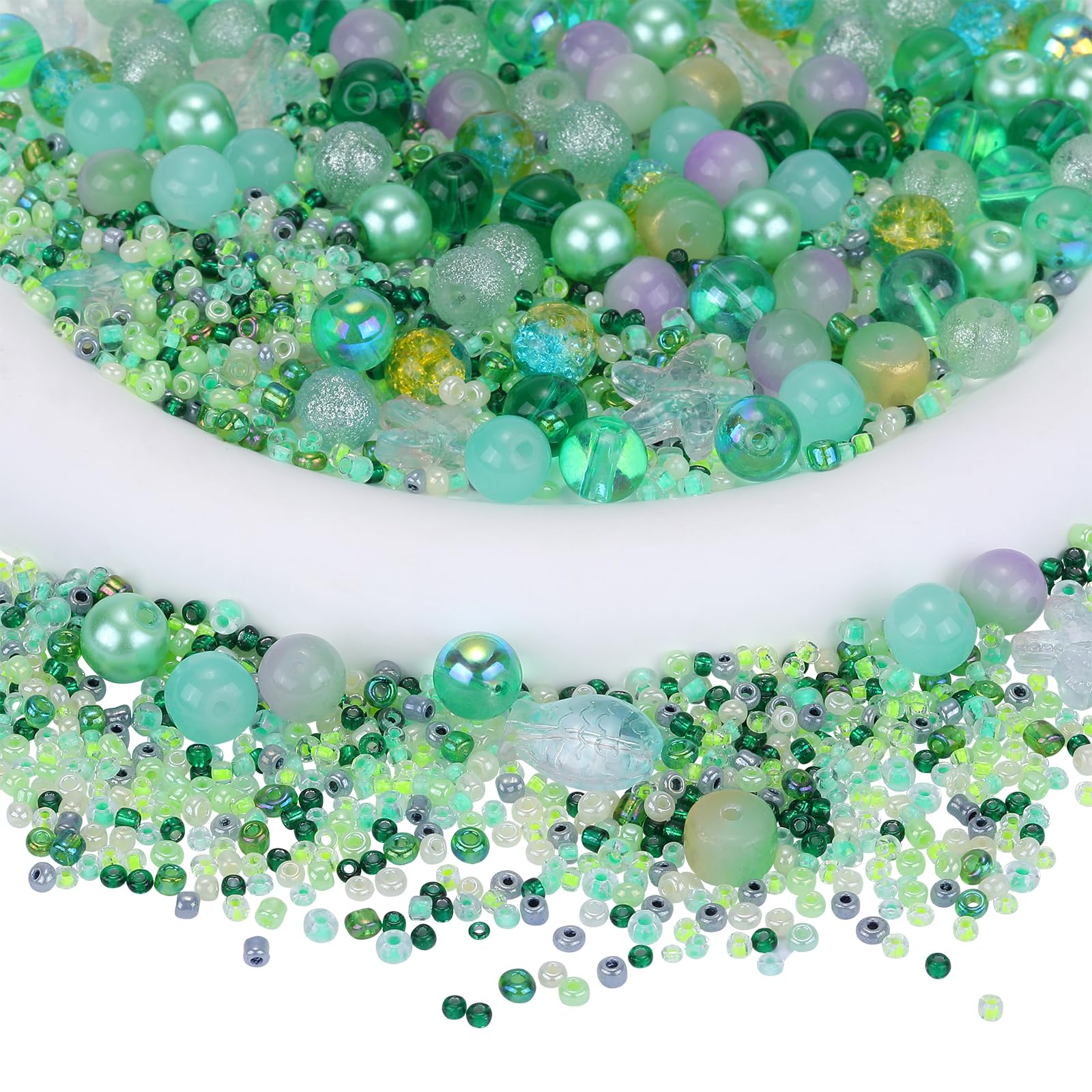 BEEFLYING 700pcs Glass Round Jewelry Making Kit with Assorted Crystal, Ocean, and Seed Beads for Bracelets, Necklaces, Earrings (Green)