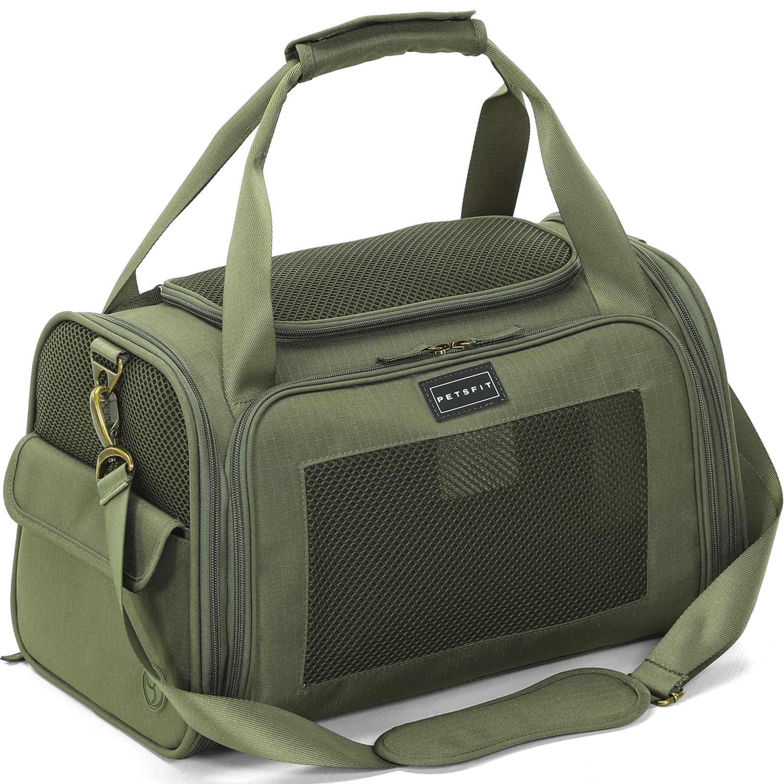 Petsfit Cat Carrier Large,Small Dog Travel Carrier with Soft Expandable Mat, Airline Approved Collapsible Transport Bag with Ventilation Quadrangle Oxford Fabric, Portable Cat Bag, Green