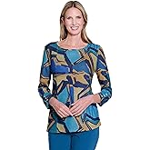 MULTIPLES Women's 3-Button Cuff 3/4 Sleeve Scoop Neck Zip Pocket Top