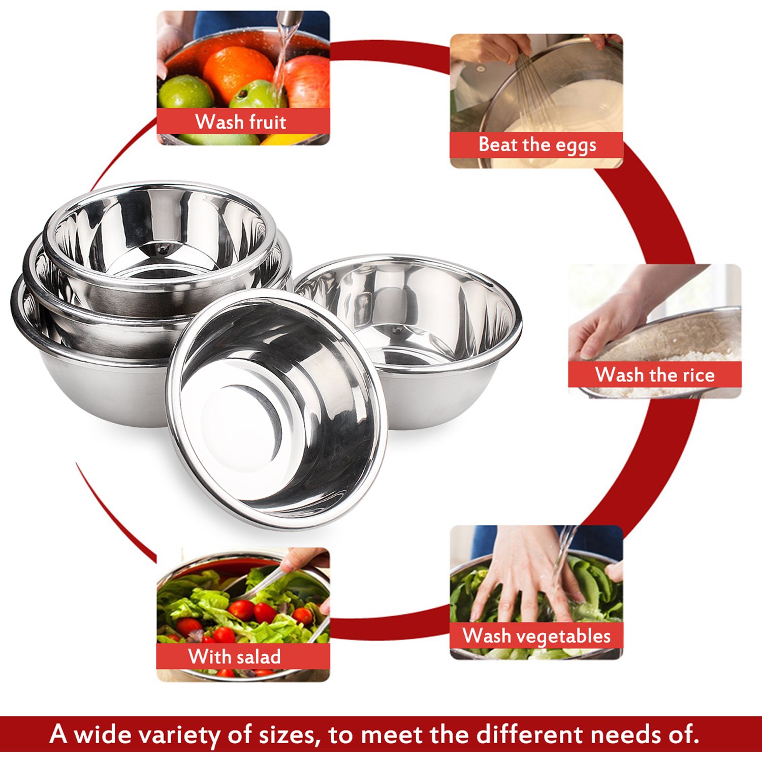 Mixing Baking Bowl Set, Stainless Steel, Solid and Durable, Mirror & Brushed Finish, Flat Bottom, Big Lip, Set of 5