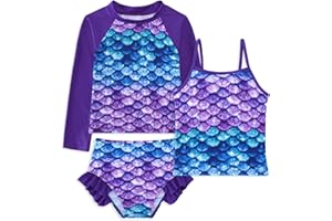 swimsobo Girls 3-Piece Swimsuit Long Sleeve Rash Guard Tankini Sets UPF Sun Proction Bathing Suit 3-10T