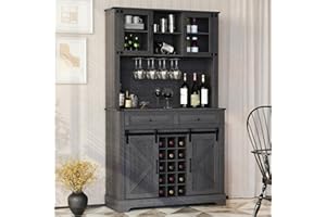 ARTPOWER Wine Bar Cabinet with Sliding Barn Door, 72" Hutch Cabinet with Wine&Glasses Rack, Tall Farmhouse Kitchen Pantry Buffet with Drawers for Dining Room, Gray