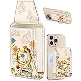 Shorogyt Compatible with Magsafe Wallet with Ring Stand Grip - Cute Magnetic Phone Wallets Card Holder for iPhone 17/16/15/14/13/12 Series for Women Girls Retro Wildflowers Design, Fit 7 Cards