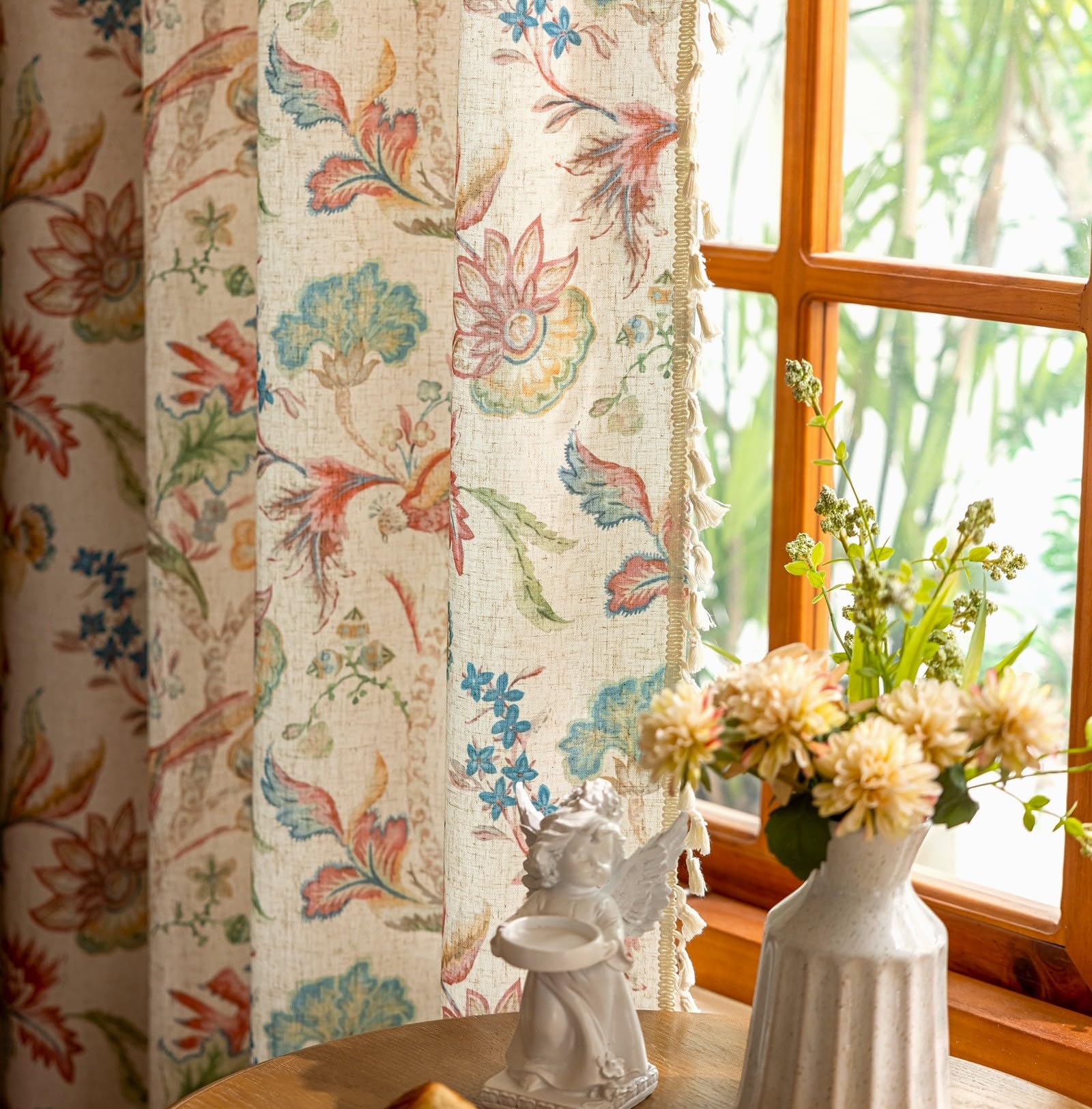 Photo 1 of Boho Floral Curtains with Tassel for Bedroom Living Room Dining Room Cute Vintage Whimsical Multi Colored Bird Curtains Botanical Garden Country Cottage Farmhouse Home Decor W50 x L96 Blue Red