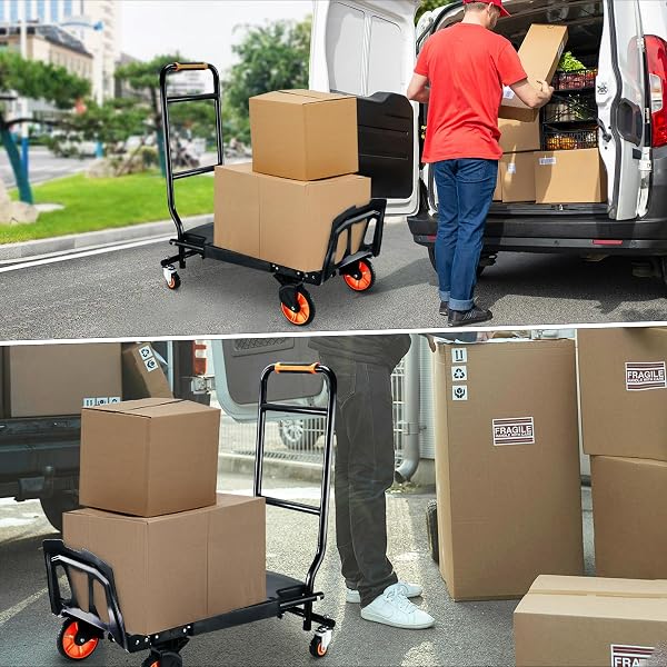 FOLDING HAND TRUCK,500LBS CAPACITY HEAVY DUTY CARRYING HAND CART,IRONTON STEEL HAND TRUCK WITH 4 ROTATE WHEELS,FOR LUGGAGE, MOVING, SHOPPING, OFFICE,TRAVEL USE(ORANGE)
