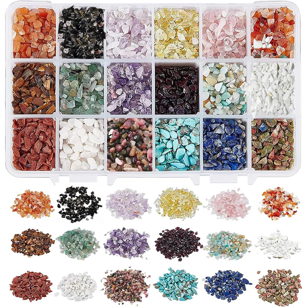 NBEADS 480G Natural Gemstone Chips, 18 Styles Undrilled Mini Crystal Chips Natural Irregular Shaped Nugget Loose Stone for Jewelry Making, Mixed Colors