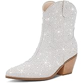 RONILURN Cowgirl Ankle Boots Cowboy Boots for Women Western Booties Rhinestone Chunky Heel Fashion Comfortable Side Zipper