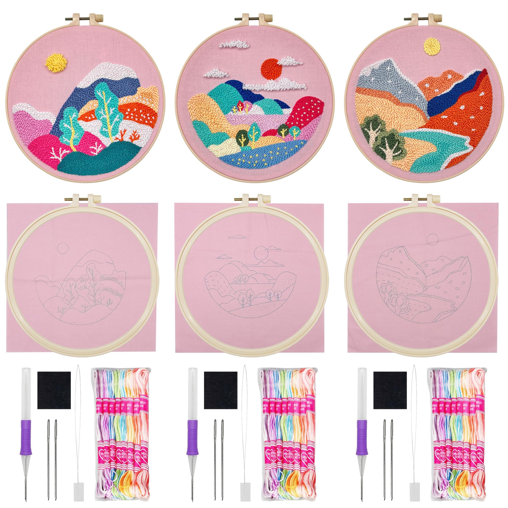 Allazone 3 Set Punch Needle Embroidery Kits, Punch Needle Kits for Adults Beginner, Punch Needle Tool with Punch Needle Cloth, Yarns and Sewing Needles (Sunset and Mountains)