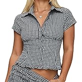 Womens Y2k Button Down Shirts V Neck Plaid Short Sleeve Blouse Ruffle Hem Slim Fit Crop Tops Babydoll Tees Streetwear