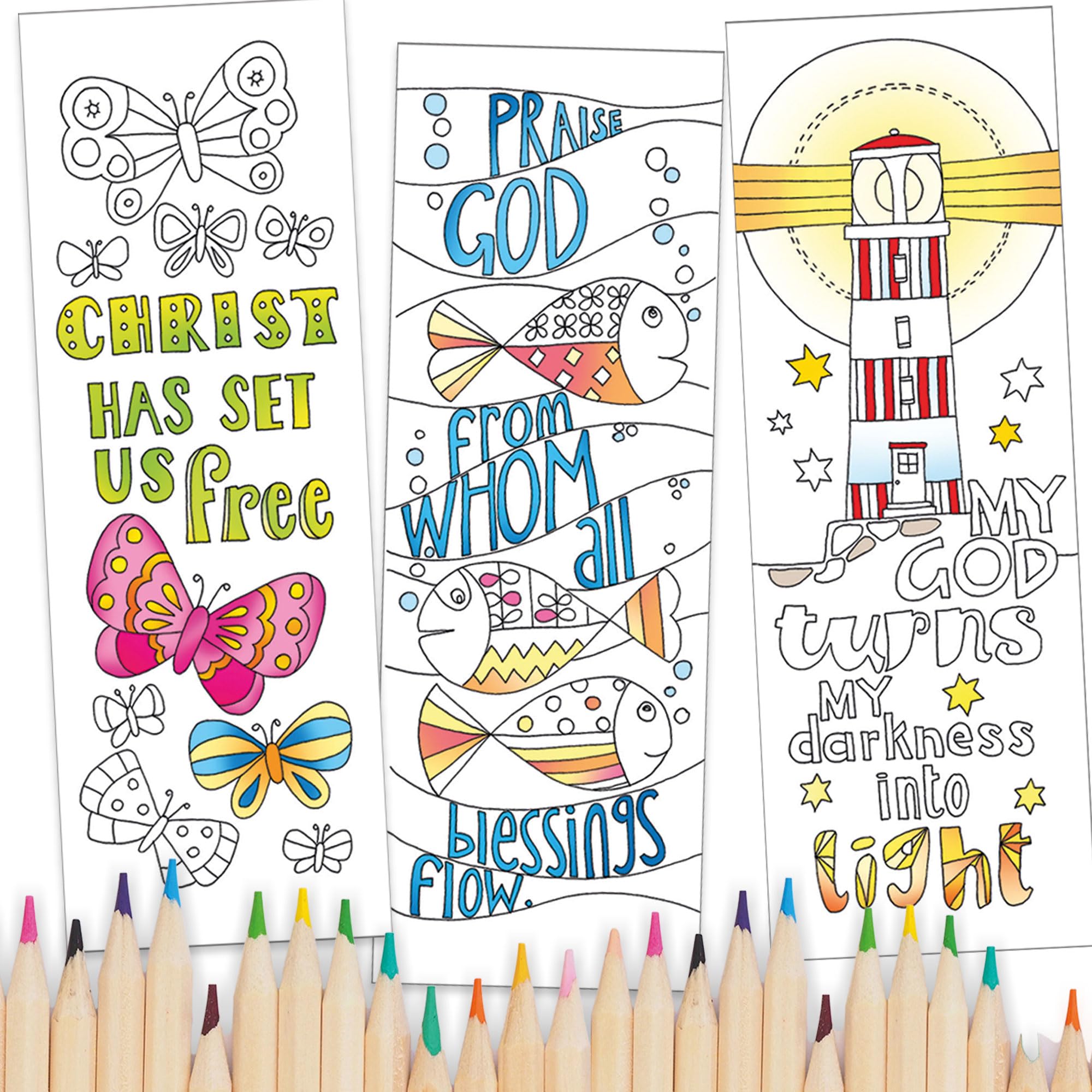 Christian Colouring Bookmarks, Images of Joy, Pack of 10 Different Designs, with Coloured Bible Verse on Reverse. Makes a Great Christian Gift for Adults or Children, by Just Cards Direct.
