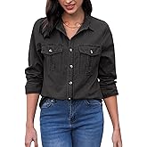 GRAPENT Denim Button Down Shirts for Women Long Sleeve Western Top Casual Cotton Relaxed Fit Jean Shirt Jacket Shacket