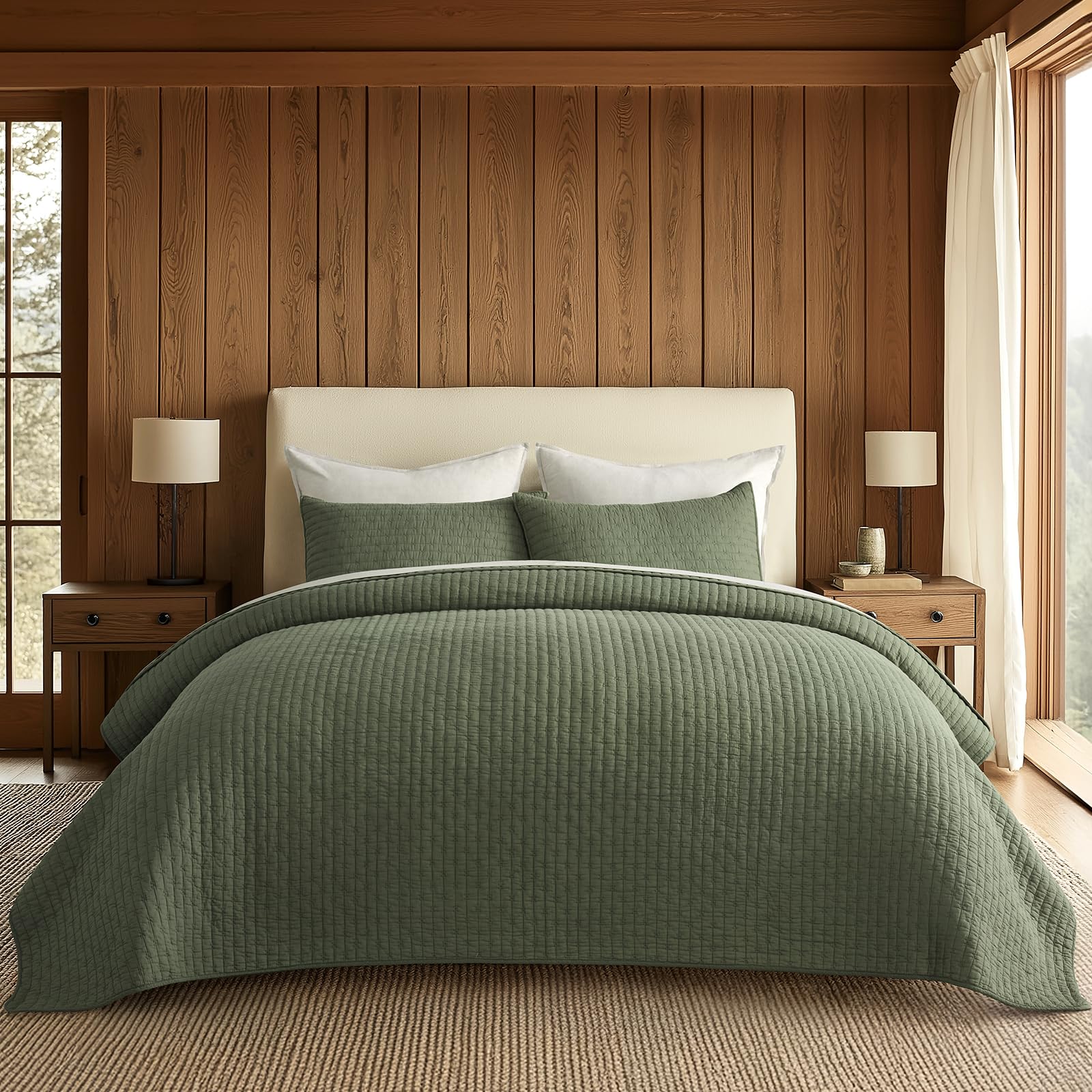 Photo 1 of EVERGRACE Cross Stitch Pre-Washed Cotton Quilt Bedding Set Queen Size, Oversized 3 Pieces Lightweight Bedspread Coverlet for All Season, with 2 Matching Shams, Olive Green, 92"x96"