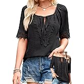 Falechay Womens Summer Tops Sexy Boho Off The Shoulder Shirts Crochet Lace Half Sleeve Blouses Flowy Crewneck Tie Front Tunic
