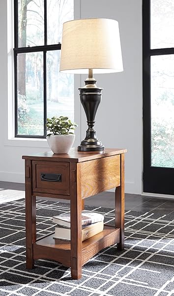 SIGNATURE DESIGN BY ASHLEY BREEGIN NEW TRADITIONAL WOODEN CHAIR SIDE END TABLE WITH 1 DRAWER AND 1 FIXED SHELF, BROWN