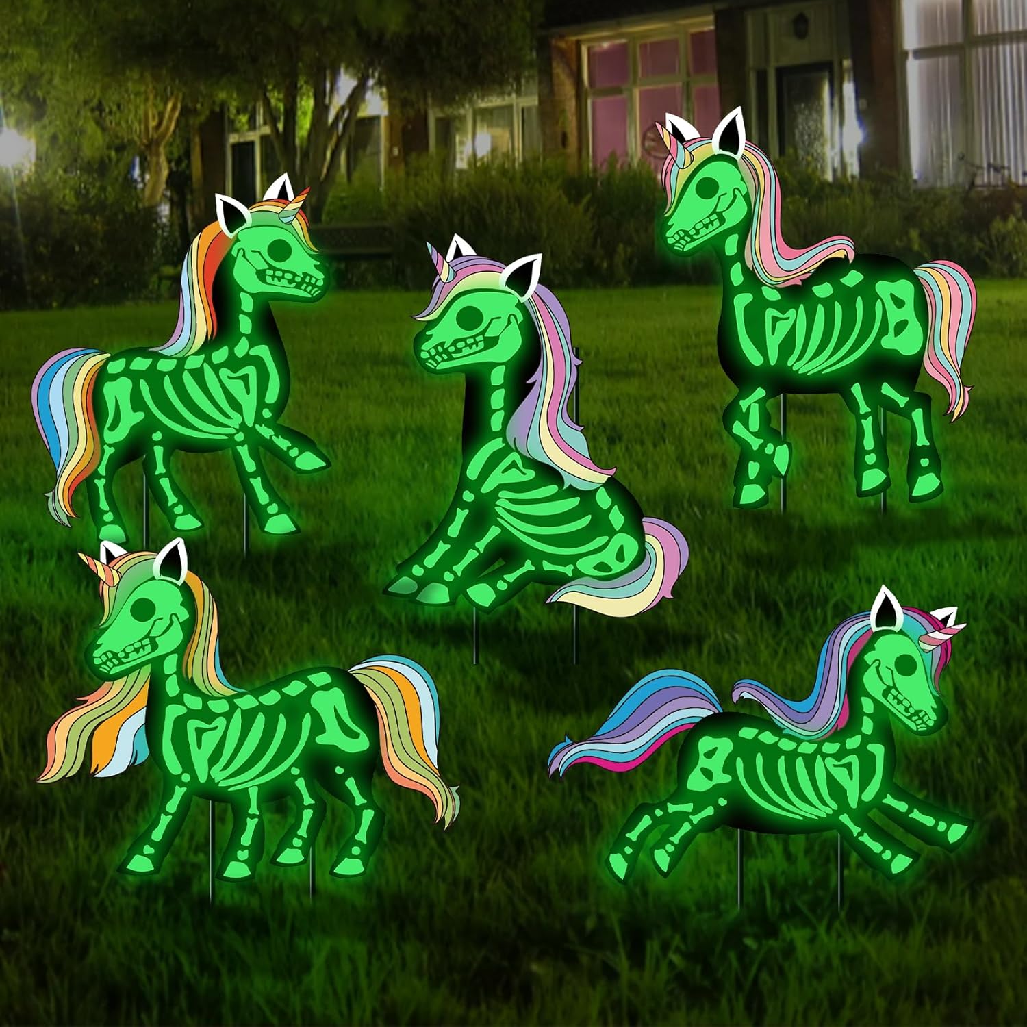 Yard Signs - Halloween Decorations Outdoor - 5pcs Colorful Unicorn Glow in Dark Skeletons Halloween Yard Signs with Stakes for Halloween Party Supplies Outdoor Yard Garden Lawn Decor